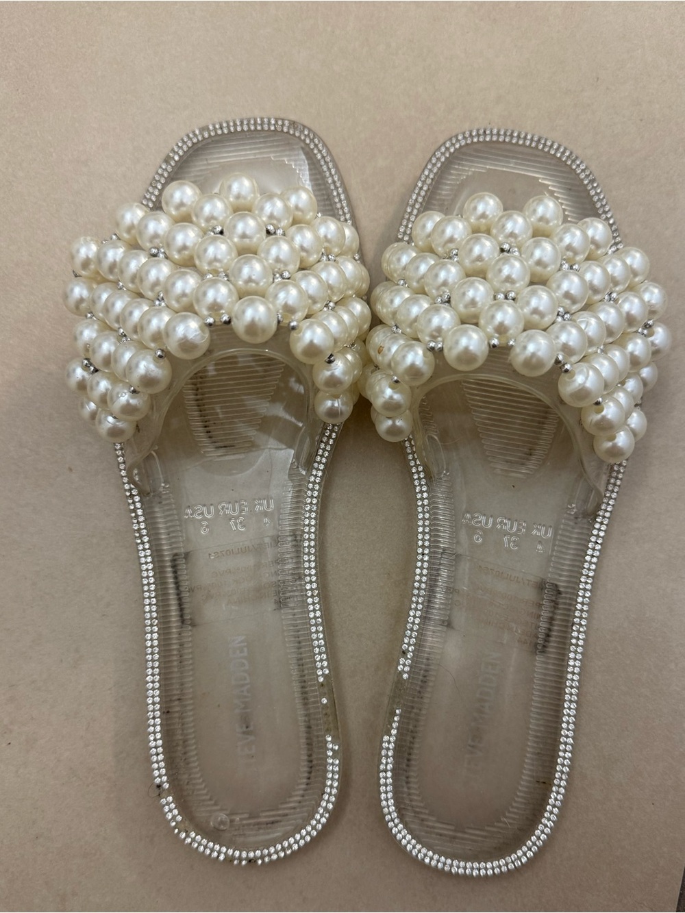 Steve Madden Pearl-Embellished Clear Slide Sandals
